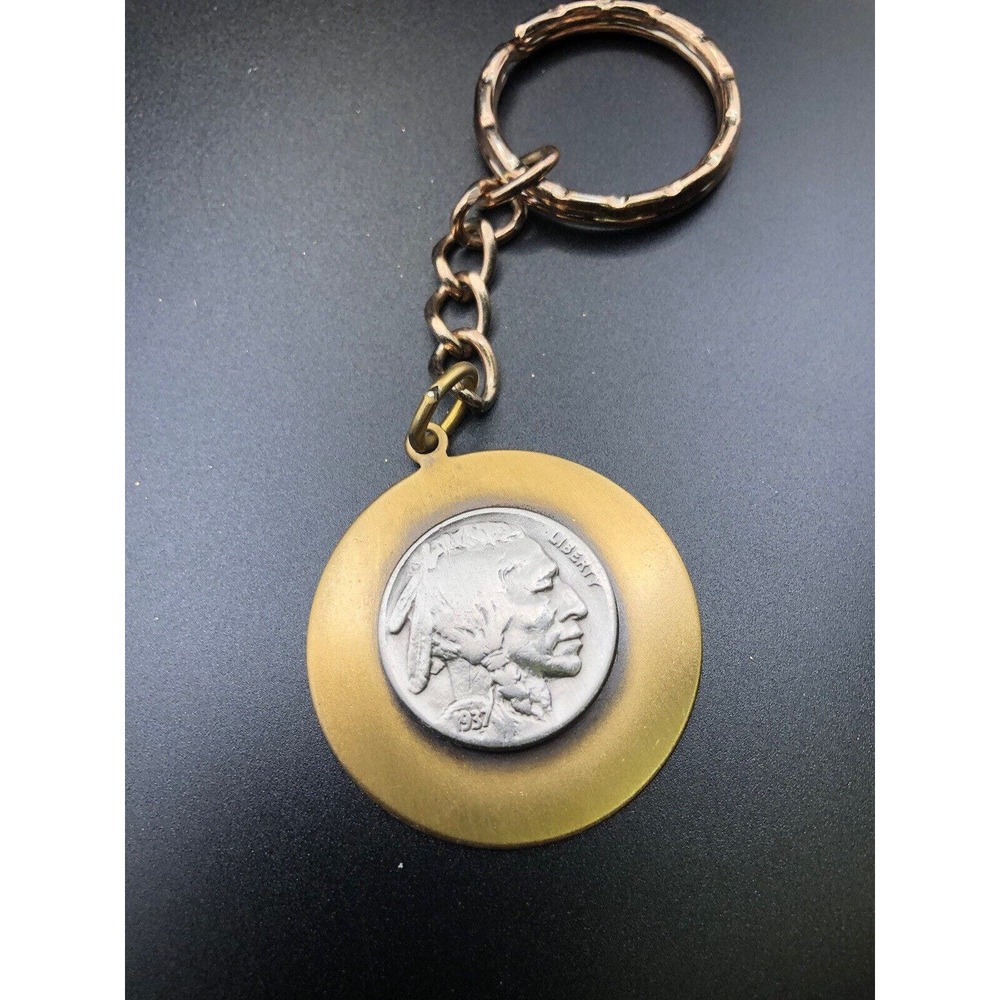 Indian Buffalo Head 1937 Nickel Coinβ In Vintage Gold-tone Keychain Antique Coin